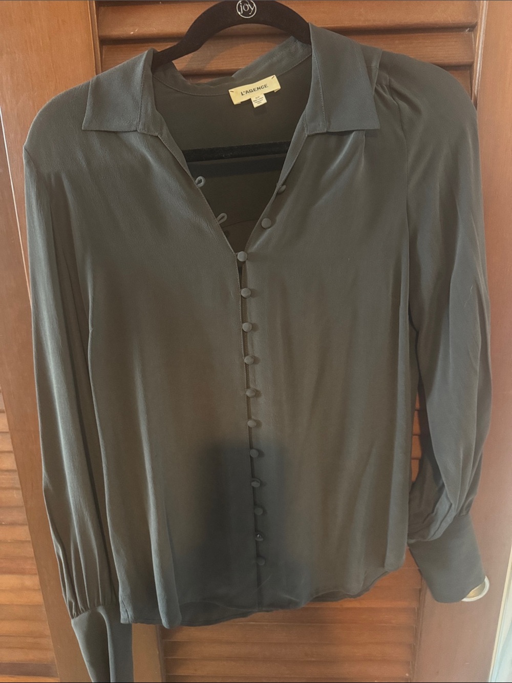 L'AGENCE Dark Olive Silk Button-Up Blouse
